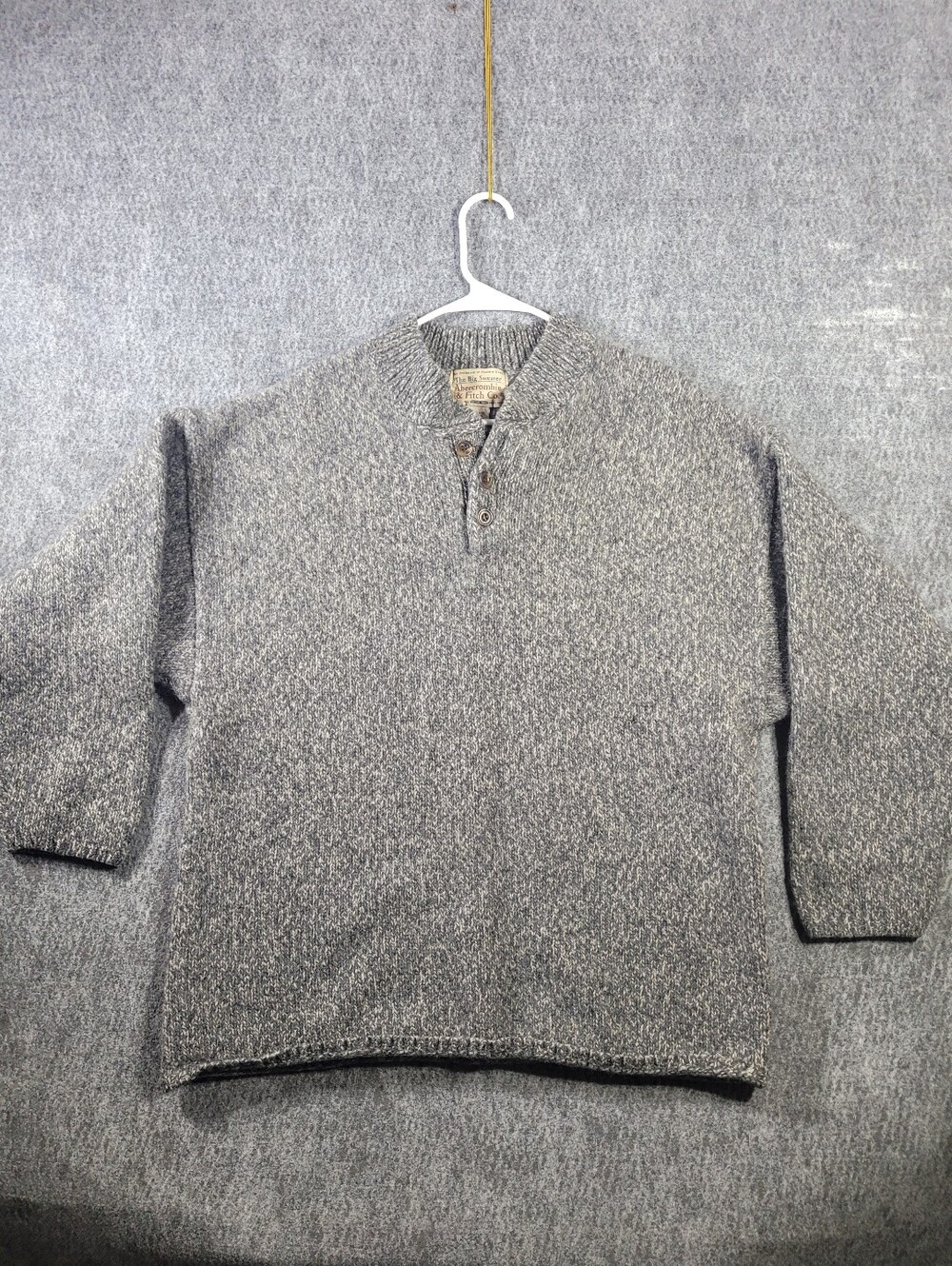 VTG 90s Abercrombie Fitch The Big Sweater Mens L 100% Wool Gray Henley HOLE